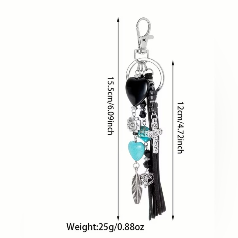 Bag Charm Black Leather Tassel Turquoise Beads Cross charm - Picture 3 of 3